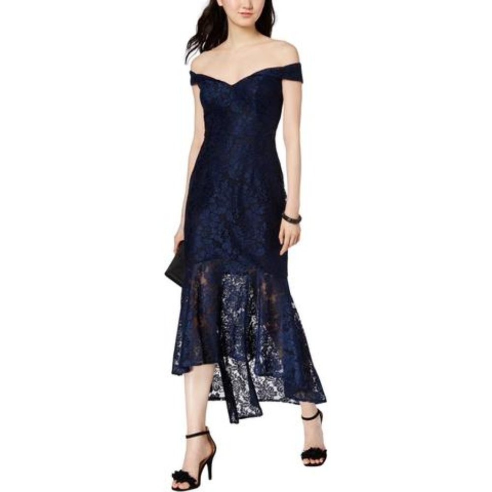 XSCAPE | Petites Lace Off-The-Shoulder Midi Dress